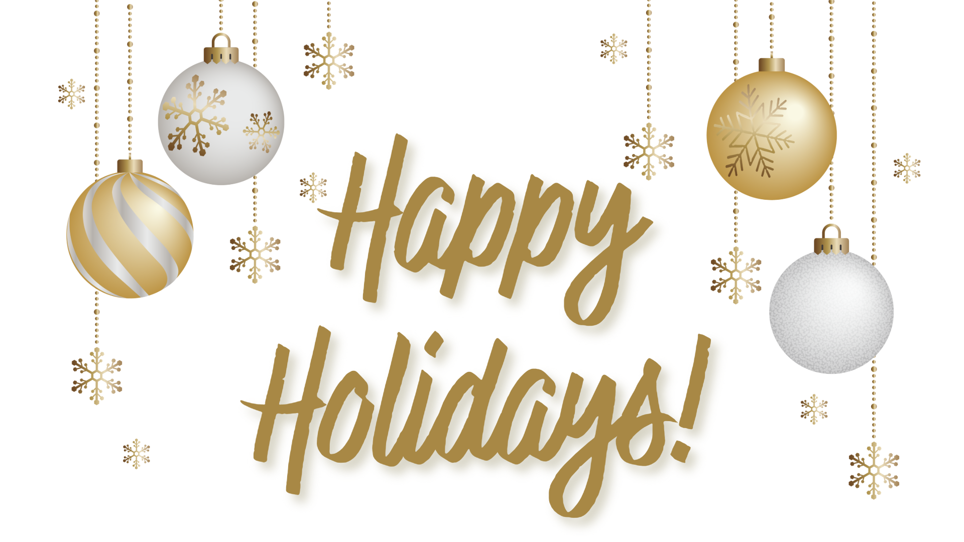 Happy Holidays greeting with gold ornaments